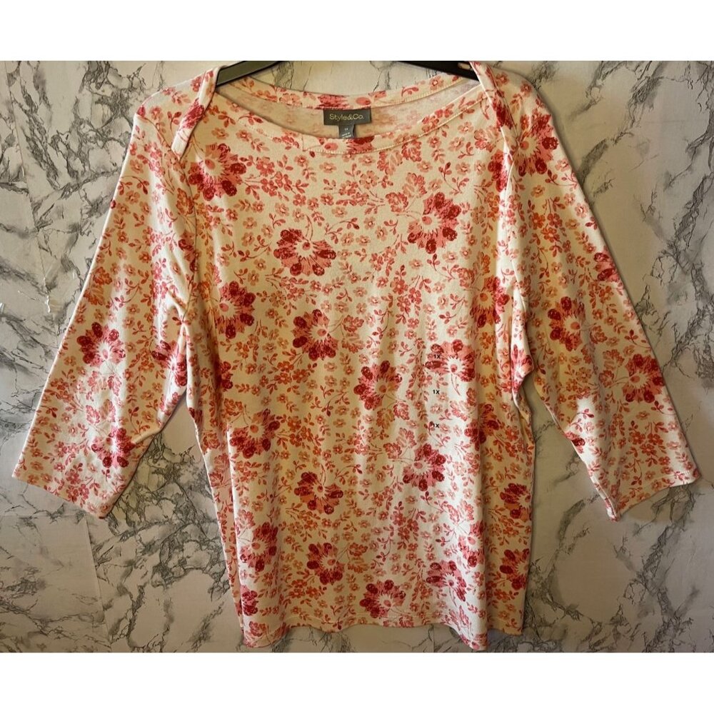 Style & Co Floral Print 3/4 Sleeve Top Size 1X 100% Supima Cotton